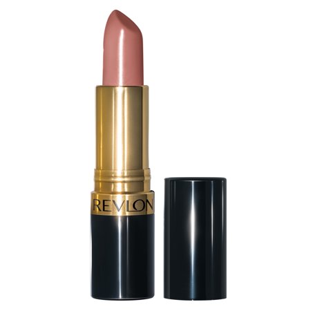 Revlon Super Lustrous Lipstick in Blushing Nude features a creamy, soft pink shade in a gold and black tube, with a smooth bullet tip for easy application.