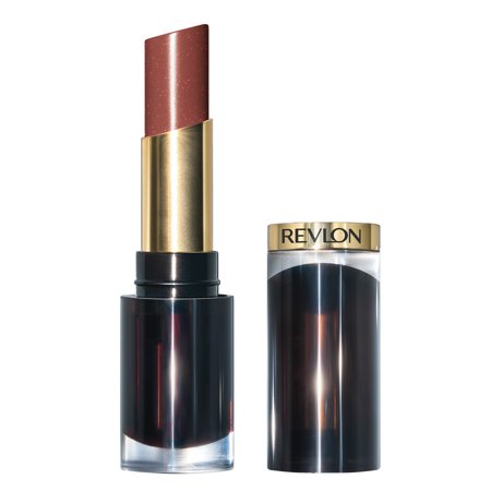 Revlon Super Lustrous Glass Shine lipstick in shade 008-Rum Raisin, featuring a shimmering brownish-red color in a sleek black and gold tube.