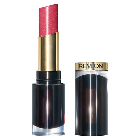 Revlon Super Lustrous Glass Shine Lipstick in shade 015 Dazzle Me Pink, featuring a shimmering pink bullet with a gold twist cap and a sleek black base.