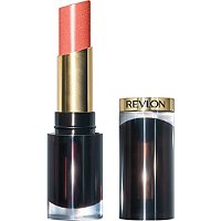 Revlon Super Lustrous Glass Shine Lipstick in Dewy Peach features a shiny peach shade with a gold and black tube, showcasing a sleek design and a moisturizing finish.