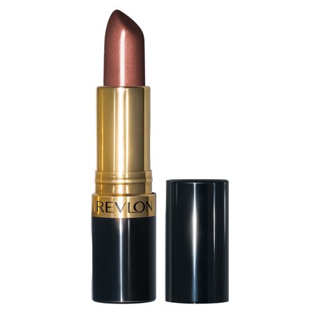 Revlon Super Lustrous Lipstick in Smokey Rose features a metallic rose shade in a gold and black tube, with a smooth bullet tip for easy application.