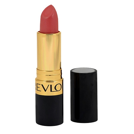 Revlon Super Lustrous Lipstick in Blushing Mauve features a creamy, mauve shade in a gold and black tube with a sleek design and a removable cap.