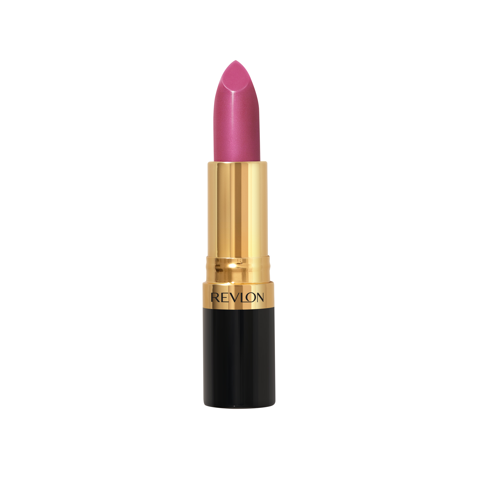 Revlon Super Lustrous Lipstick in shade 815 Fuchsia Shock, featuring a sleek gold and black tube with a vibrant pink bullet, ideal for bold lip looks.