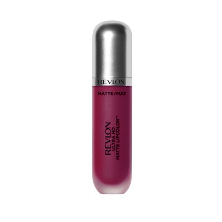 Revlon Ultra HD Moisturizing and Velvety Matte Lipstick in shade 610 Addiction, featuring a sleek silver cap and a rich, deep berry color in a glossy tube.