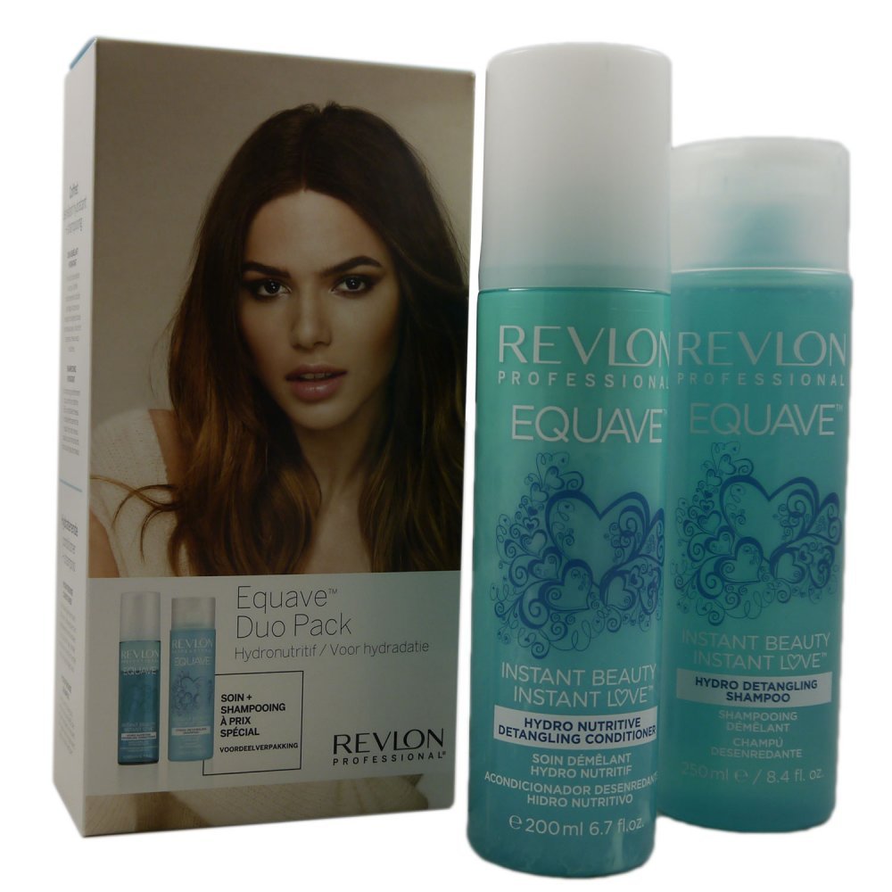 Revlon Professional Uniq One gift set featuring a 150 ml leave-in hair mask and a 200 ml hydrating shampoo, both in turquoise bottles, packaged in a stylish box with a model's image.