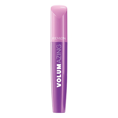 Revlon Volumazing Mascara in Blackest Black features a sleek, purple and pink tube with bold white lettering, designed for enhancing lash volume.