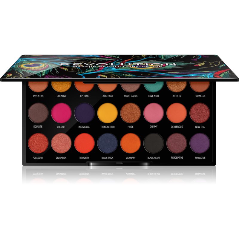 Colorful eyeshadow palette featuring 18 vibrant shades in matte and shimmer finishes, housed in a sleek black case with artistic, colorful designs on the lid.