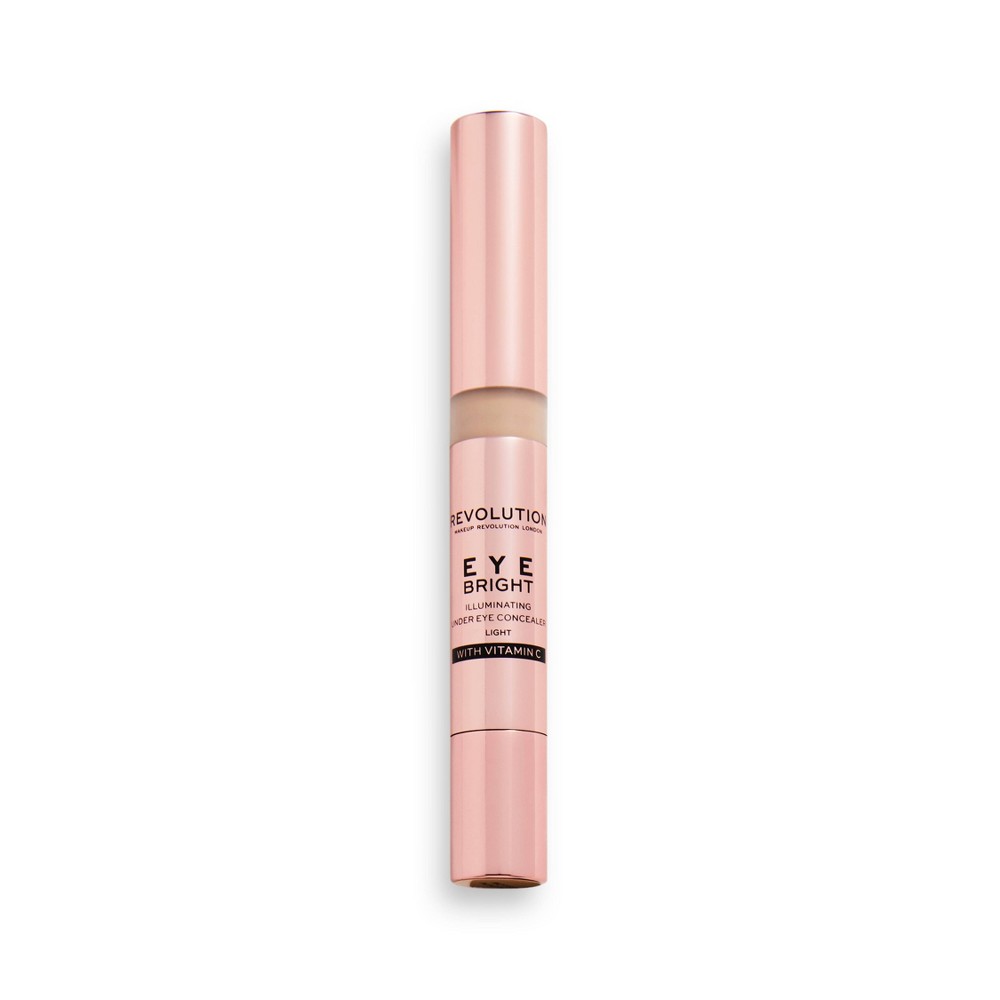 Three-pack of Revolution Eye Bright illuminating under-eye concealer in light shade, featuring a sleek pink tube with a twist applicator and vitamin-infused formula.