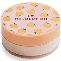 Round container of I Heart Revolution Baking Powder in Peach, featuring a pastel pink lid adorned with orange fruit illustrations and the brand name in bold red letters.