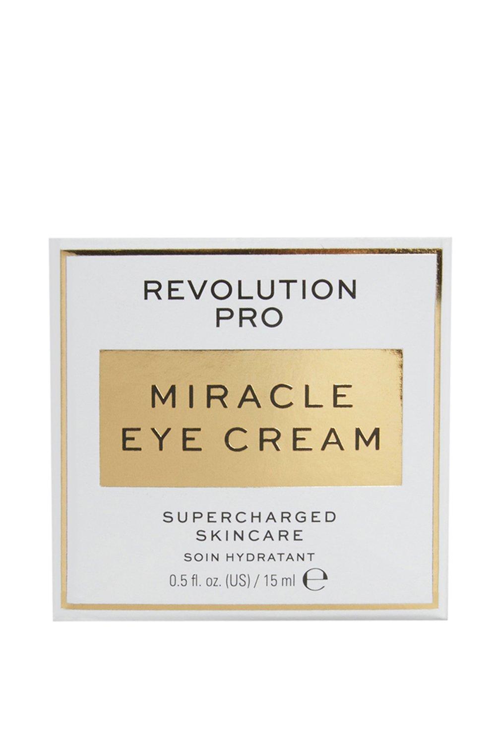 White box featuring "Revolution Pro Miracle Eye Cream" in bold black letters, accented with a gold rectangular label, with "Supercharged Skincare" in smaller text below.