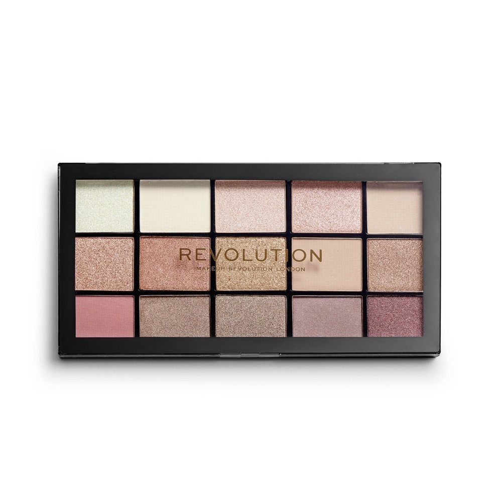 Makeup Revolution Reloaded Palette Iconic 3.0 features 15 shades in a mix of matte and shimmer finishes, with colors ranging from soft pastels to rich pinks and browns in a sleek black case.