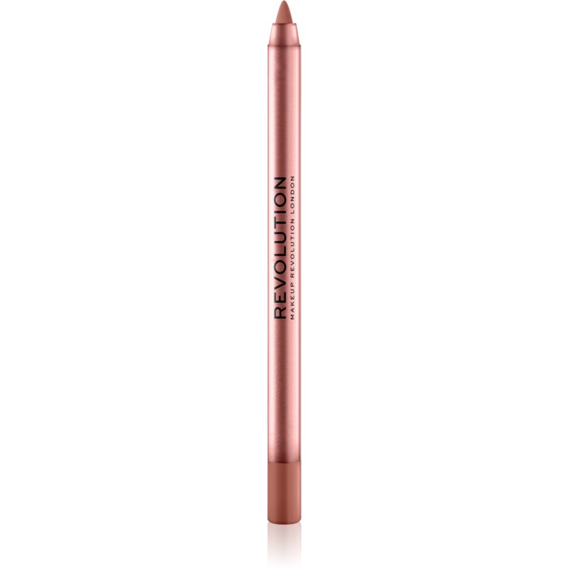 Rose gold lip liner crayon in a sleek metallic casing, featuring the "Revolution" logo, with a pointed tip for precise application.