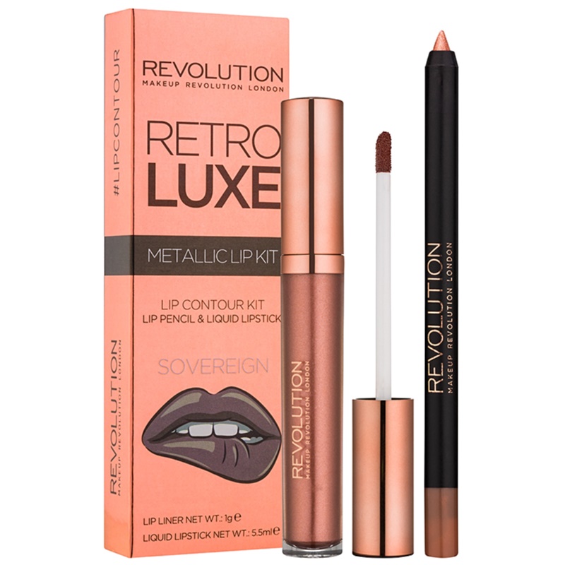 Metallic lip kit featuring a 1g lip pencil and 5.5ml liquid lipstick in a rose gold tube, packaged in a pink box with "Sovereign" label and Revolution branding.