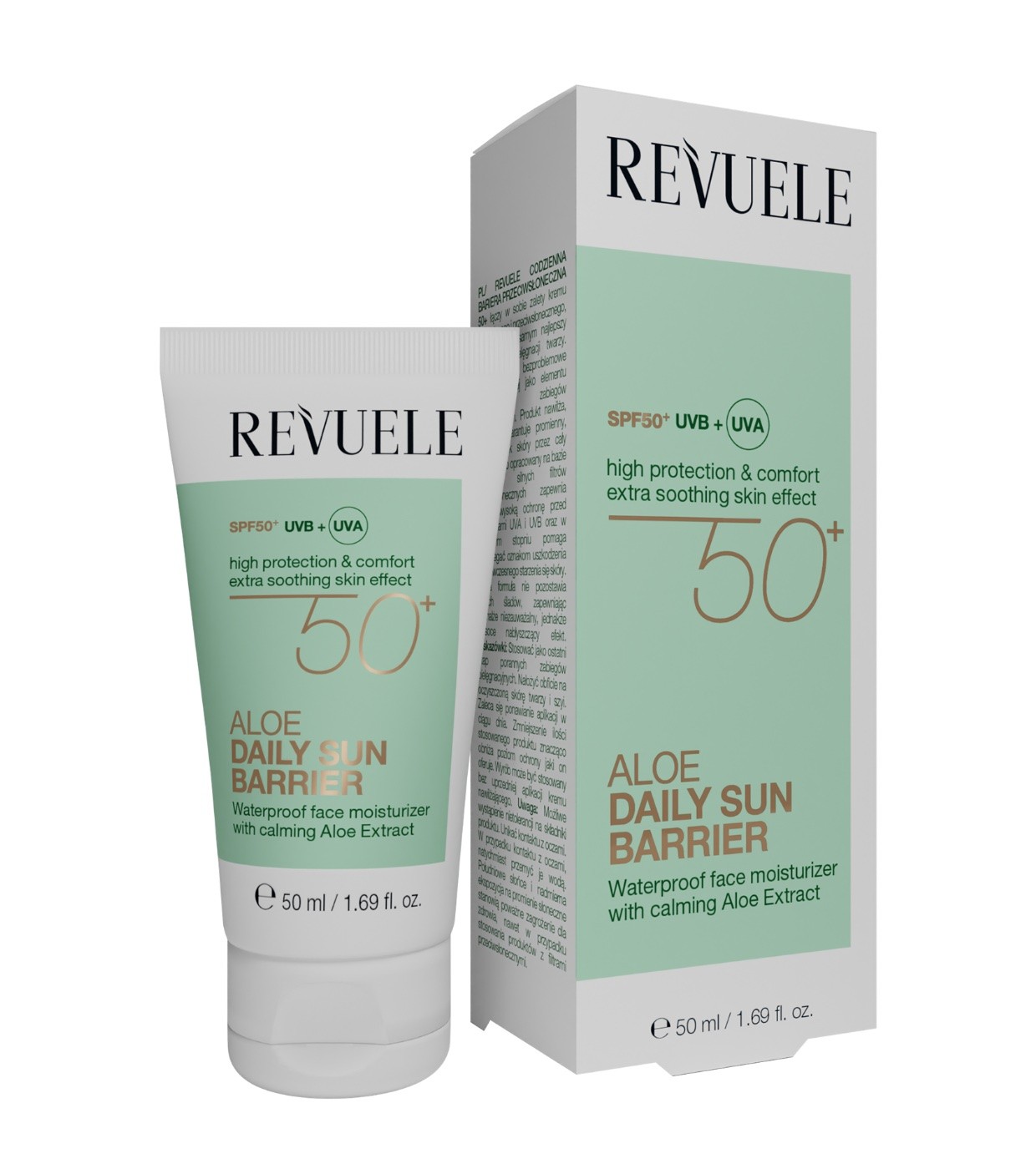 Revuele Aloe Daily Sun Barrier SPF 50 in a white and green tube, featuring a flip-top cap, alongside its matching box, highlighting aloe extract and waterproof properties.