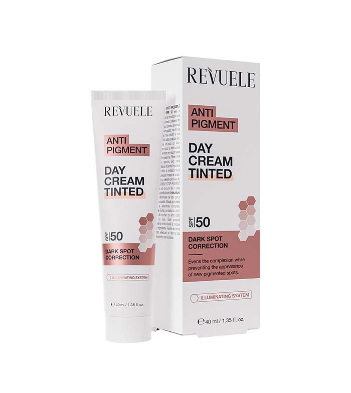 Revuele Anti Pigment Day Cream Tinted SPF50 in a 40 ml tube, featuring a white and pink design with dark spot correction claims and an illuminating system label.
