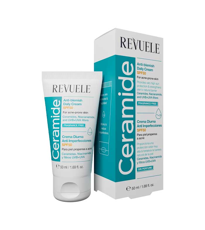 White tube with a turquoise label reading "Ceramide" and "Anti-Blemish Daily Cream SPF50," alongside a matching box, both featuring a clean, modern design.