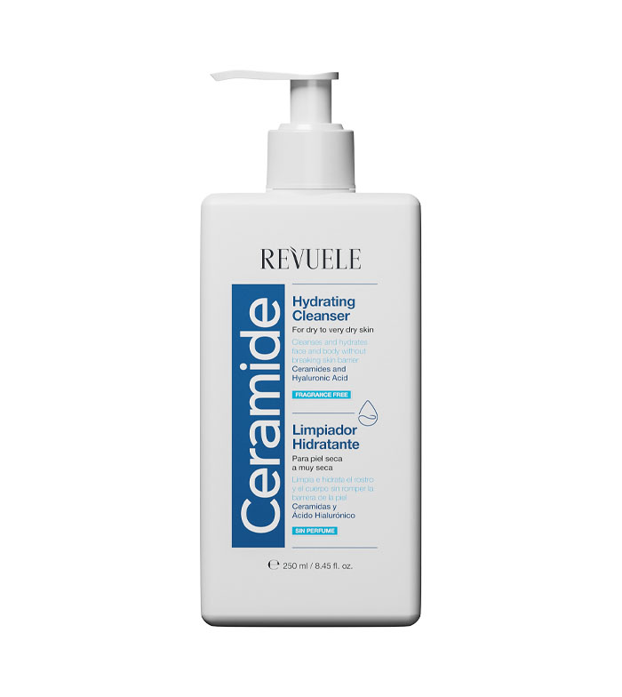 White bottle with a pump dispenser, labeled "Revuele Ceramide Cleansing Gel," featuring blue accents and text, designed for moisturizing dry skin, 250ml.