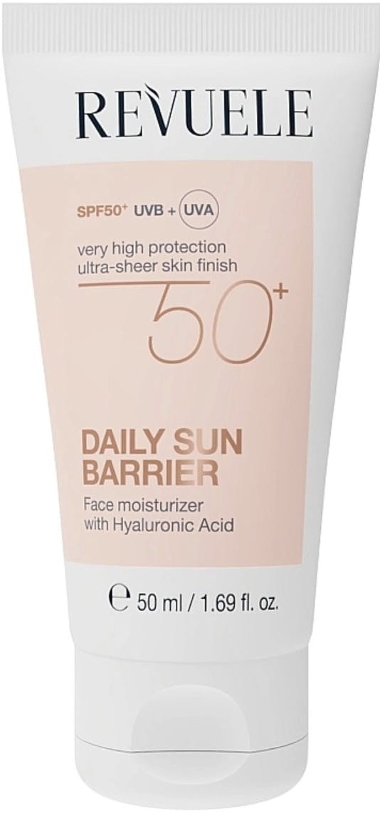 Revuele Daily Sun Barrier Cream SPF 50+ in a 50 ml white tube with a light peach label, highlighting "Daily Sun Barrier" and "Hyaluronic Acid" for ultra-sheer skin protection.