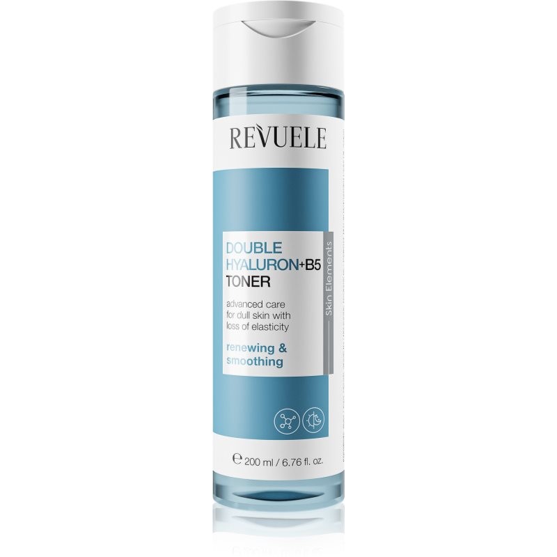 Clear cylindrical bottle with a light blue label, featuring "Revuele Double Hyaluron + B5 Toner" text, and a silver cap, containing 200 ml of moisturizing toner.