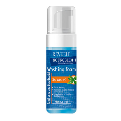 Revuele No Problem Washing Foam in a 150 ml bottle features a blue and white design with tea tree oil highlighted, promoting deep cleansing and moisture retention, alcohol-free.