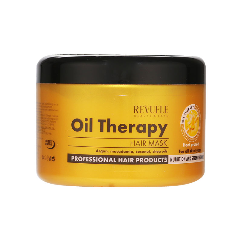 Yellow round jar of Revuele Oil Therapy Hair Mask, featuring a black lid, labeled for nourishing dry hair with key ingredients like argan, macadamia, coconut, and shea oils.