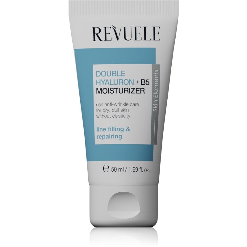 Revuele Double Hyaluron + B5 Moisturizer in a 50 ml white tube, featuring a blue label with text highlighting anti-wrinkle and line filling properties.