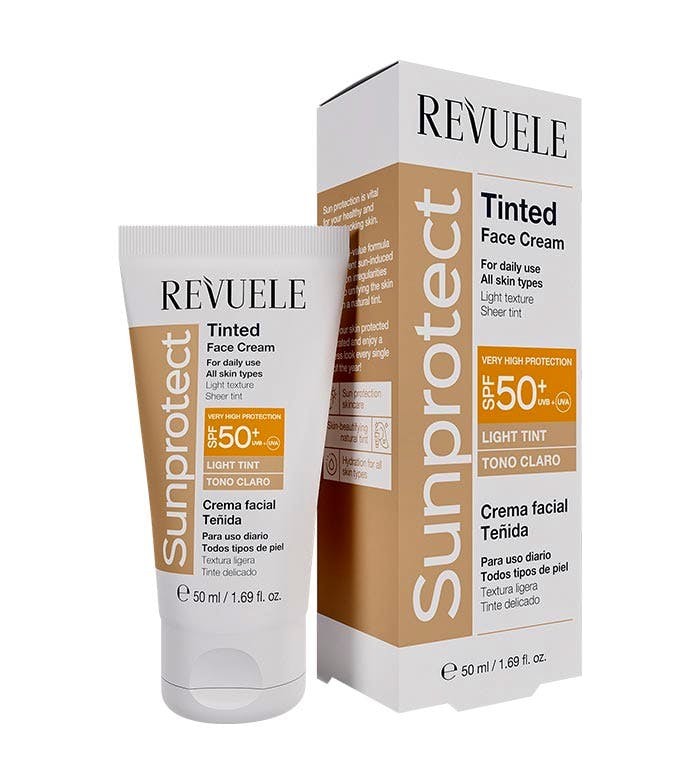 Revuele Sunprotect Tinted Face Cream in a 50 ml tube, featuring a light tint and SPF 50+, with a beige and white design, packaged in a matching box with clear labeling.