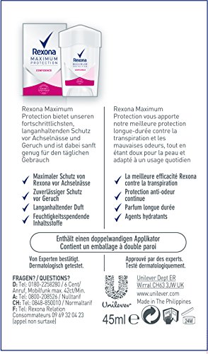 Rexona Maximum Antiperspirant Protection cream in a 45 ml tube, featuring a pink and white design with a twist cap and a double-ended applicator for targeted use against excessive sweating.