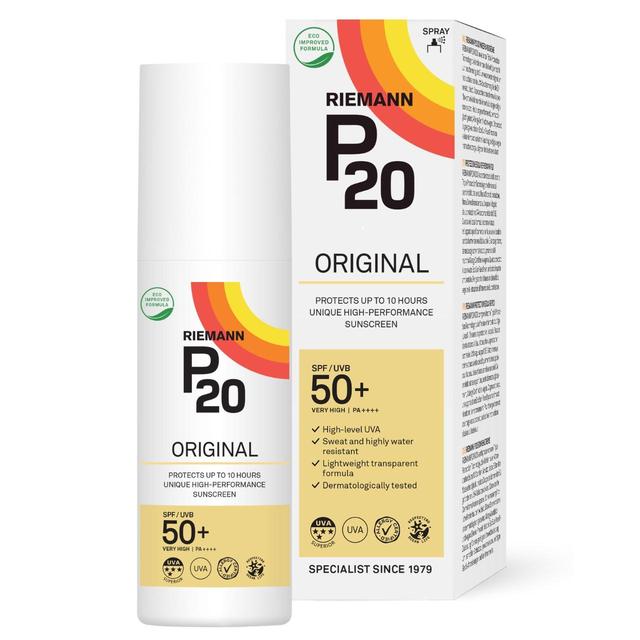 Riemann P20 Original Spray SPF 50+ in a white bottle with a pump spray top, featuring a colorful label with red, yellow, and green stripes, packaged in a matching box.