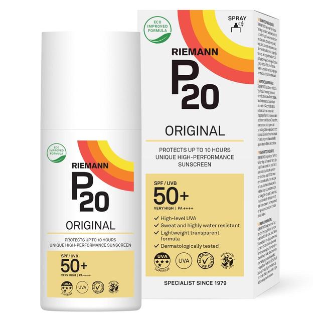 Riemann P20 Original Spray SPF 50+ in a white bottle with a colorful label, featuring a spray nozzle and a cardboard box with similar design elements, highlighting sun protection features.