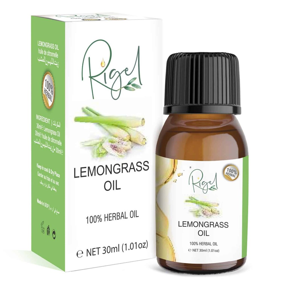 Brown glass bottle with a black cap, labeled "RIGEL - 100% Lemongrass Oil" in green and white, alongside a green and white box featuring lemongrass imagery.