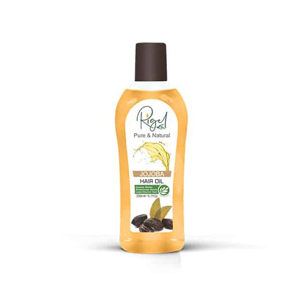 Clear bottle of Rigel's 200ml Pure & Natural Jojoba Hair Oil, featuring a brown cap, yellow oil, and a label with green accents highlighting damage repair and root strengthening benefits.