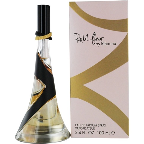 Clear glass bottle with a unique triangular shape, featuring a black and gold design, alongside a pink and gold box labeled "Reb'l Fleur by Rihanna."