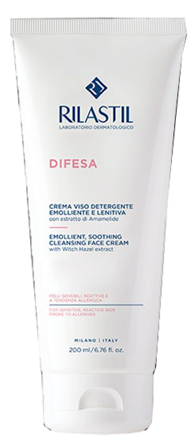 Rilastil Difesa Soothing Cleansing Cream in a white tube with a blue logo, labeled for sensitive skin, contains 200 ml, features witch hazel extract, and has a sleek, modern design.