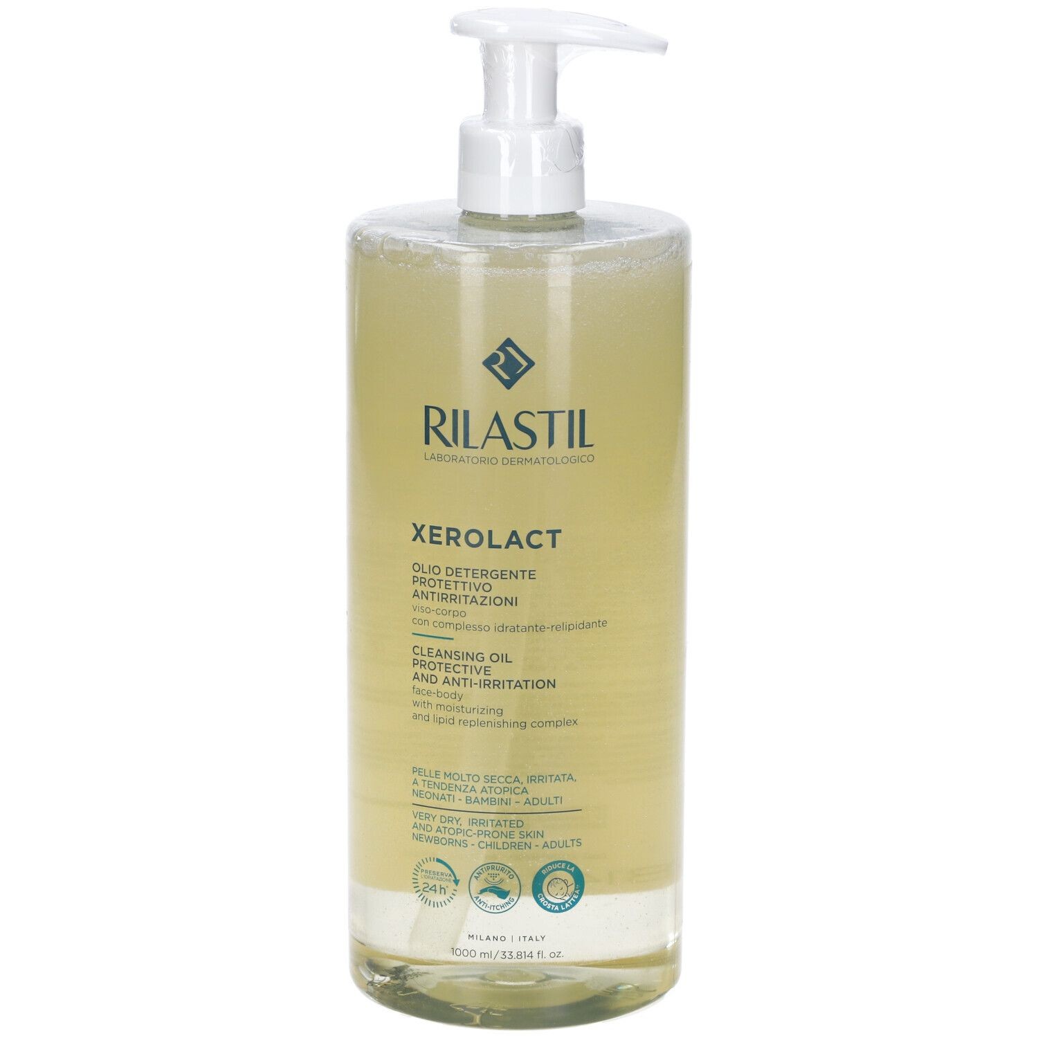Clear plastic bottle of Rilastil Xerolat Cleansing Oil, featuring a pump dispenser, labeled in blue and white, containing a light yellow oil for dry and sensitive skin.
