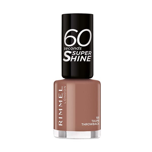 Rimmel 60 Seconds Super Shine Nail Polish in a taupe shade, featuring a glossy finish and a black cap, labeled "101 Taupe Throwback," in an 8 ml bottle.