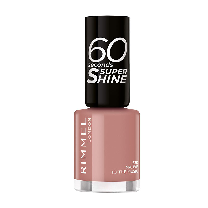 Rimmel London 60 Seconds Super Shine nail polish in shade #230, a soft mauve color, features a glossy finish and a sleek black cap with white text.