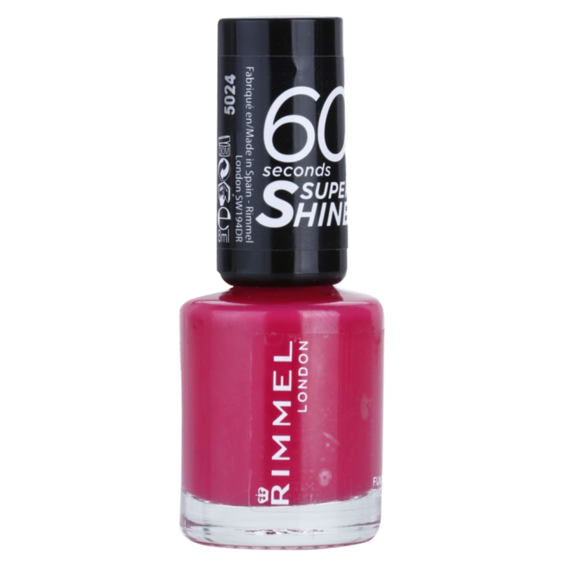 Rimmel 60 Seconds Super Shine nail polish in 8 ml, featuring a vibrant fuchsia color with a glossy finish, housed in a clear glass bottle with a black cap.