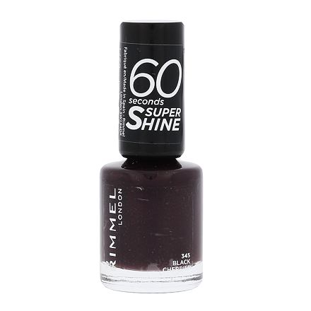Debenhams 60 Seconds Super Shine Nail Polish in Black Cherries features a dark, glossy burgundy shade in a clear glass bottle with a black cap, labeled with product details.