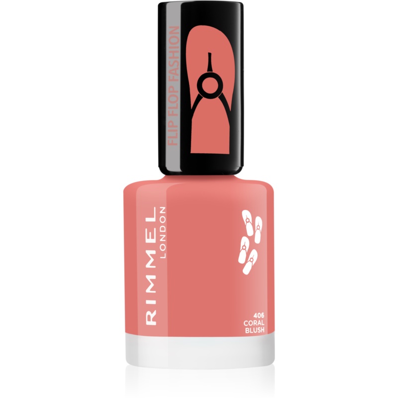 Coral pink nail polish in an 8ml bottle with a black cap, featuring "Rimmel London" branding and the shade name "Coral Blush" on the label.