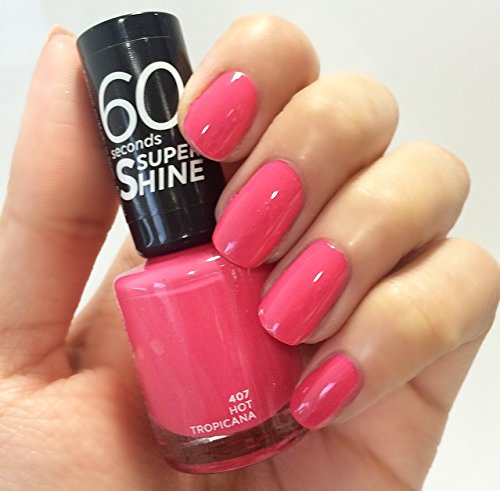 Rimmel London 60 Seconds Super Shine Nail Polish in vibrant pink shade 407 Hot Tropicana, held in a hand, showcasing glossy finish and sleek black cap.