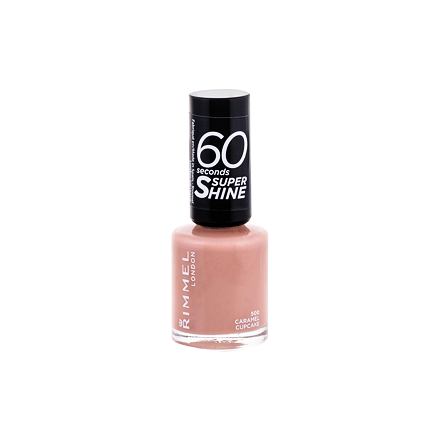 Rimmel 60 Seconds Super Shine nail polish in shade 500 Caramel Cupcake, featuring a glossy light beige color in a clear glass bottle with a black cap.