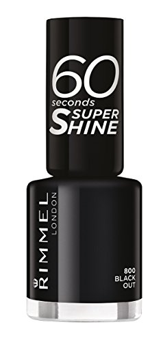 Rimmel Queen of Tarts nail polish in a sleek black bottle, featuring a glossy finish and labeled "60 Seconds Super Shine" with shade number 800, Black Out.