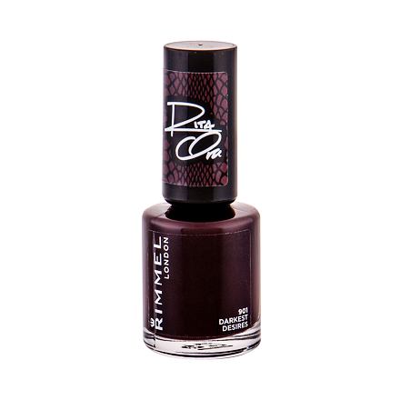 Rimmel Rita Ora 60 Seconds Nail Polish in Darkest Desires features a deep burgundy shade in a sleek glass bottle with a black, textured cap and signature logo.