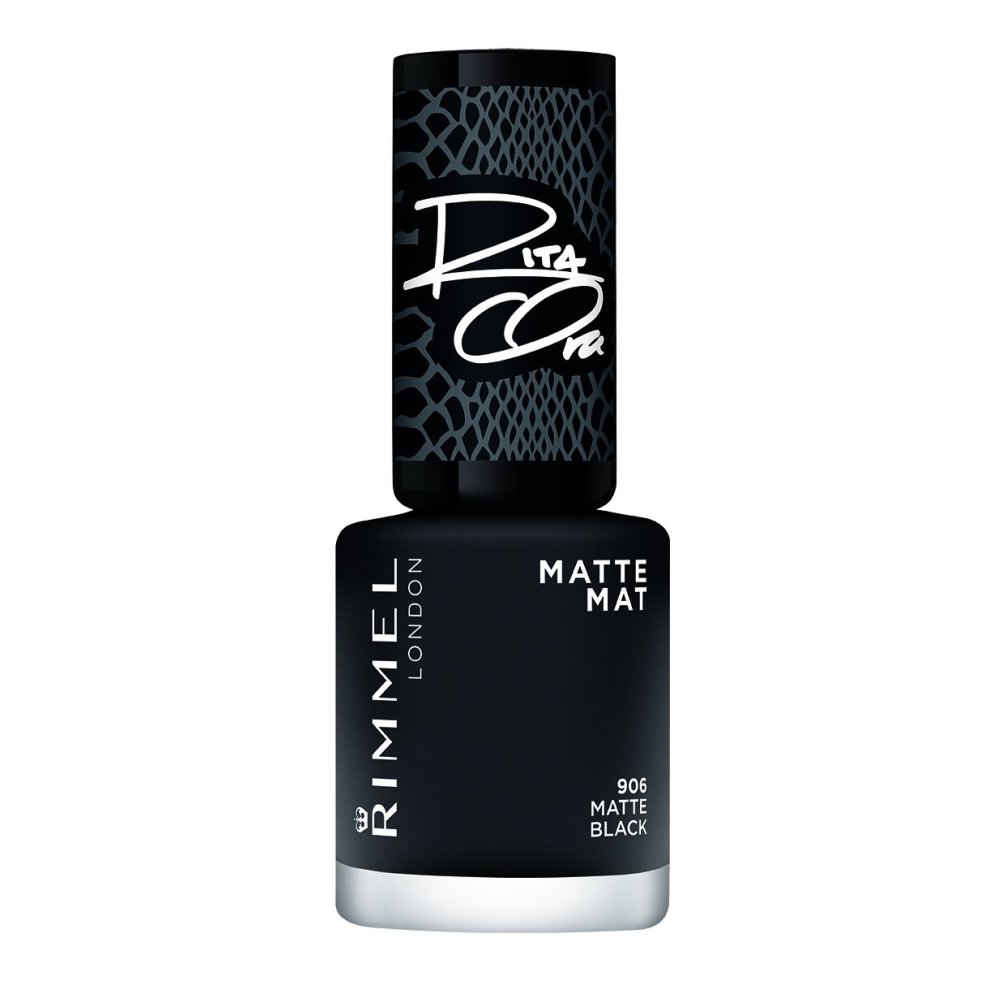 Rimmel 60 Seconds Super Shine Nail Polish in a sleek matte black bottle, featuring a textured cap and bold white lettering, labeled "906 Matte Black."