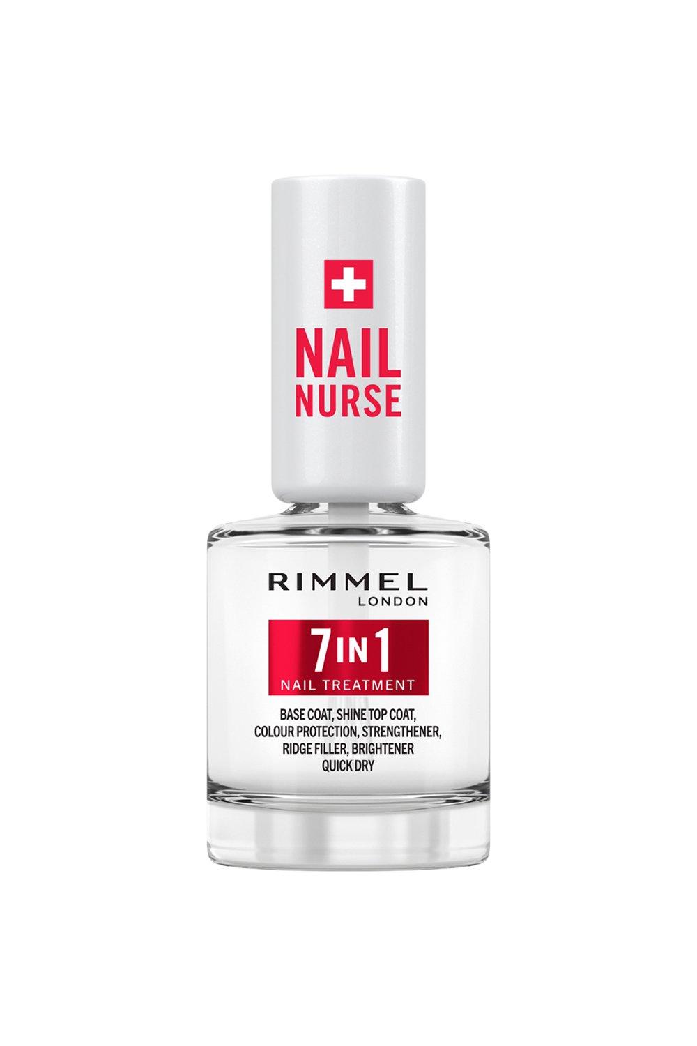 Clear glass bottle with a white cap, labeled "Nail Nurse" and "7 in 1 Nail Treatment," featuring benefits like base coat, top coat, and quick dry.