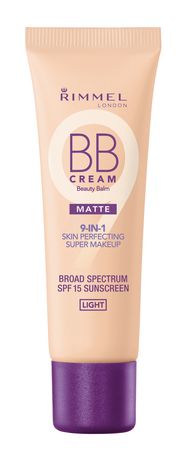 Rimmel London BB Cream in light, 1.0 oz tube with a soft peach color, featuring a purple cap and labeled as 9-in-1 skin perfecting super makeup with SPF 15.