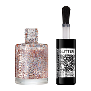 Rimmel Glitter Low Coverage Nail Polish in 8ml features a clear bottle filled with sparkling rose gold glitter and a black cap with a wide brush for easy application.