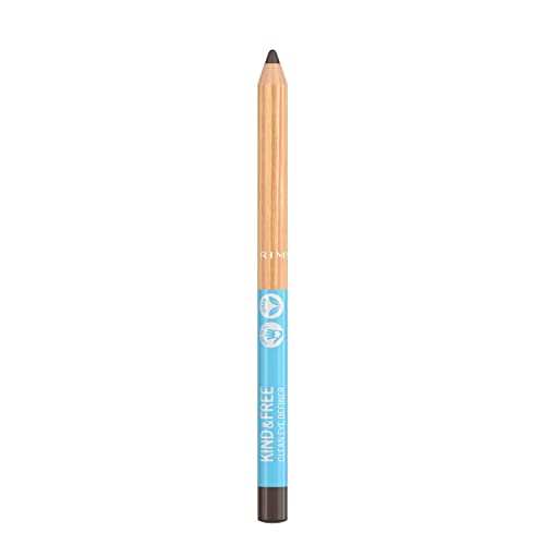 Rimmel London Kind & Free Eye Pencil in shade 02: Pecan features a wooden pencil design with a light blue label, showcasing a natural, cruelty-free makeup option.