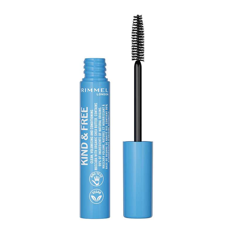 Debenhams Kind & Free Clean Volume Mascara in Black Brown features a light blue tube with black text, and a spiral brush for volumizing lashes.